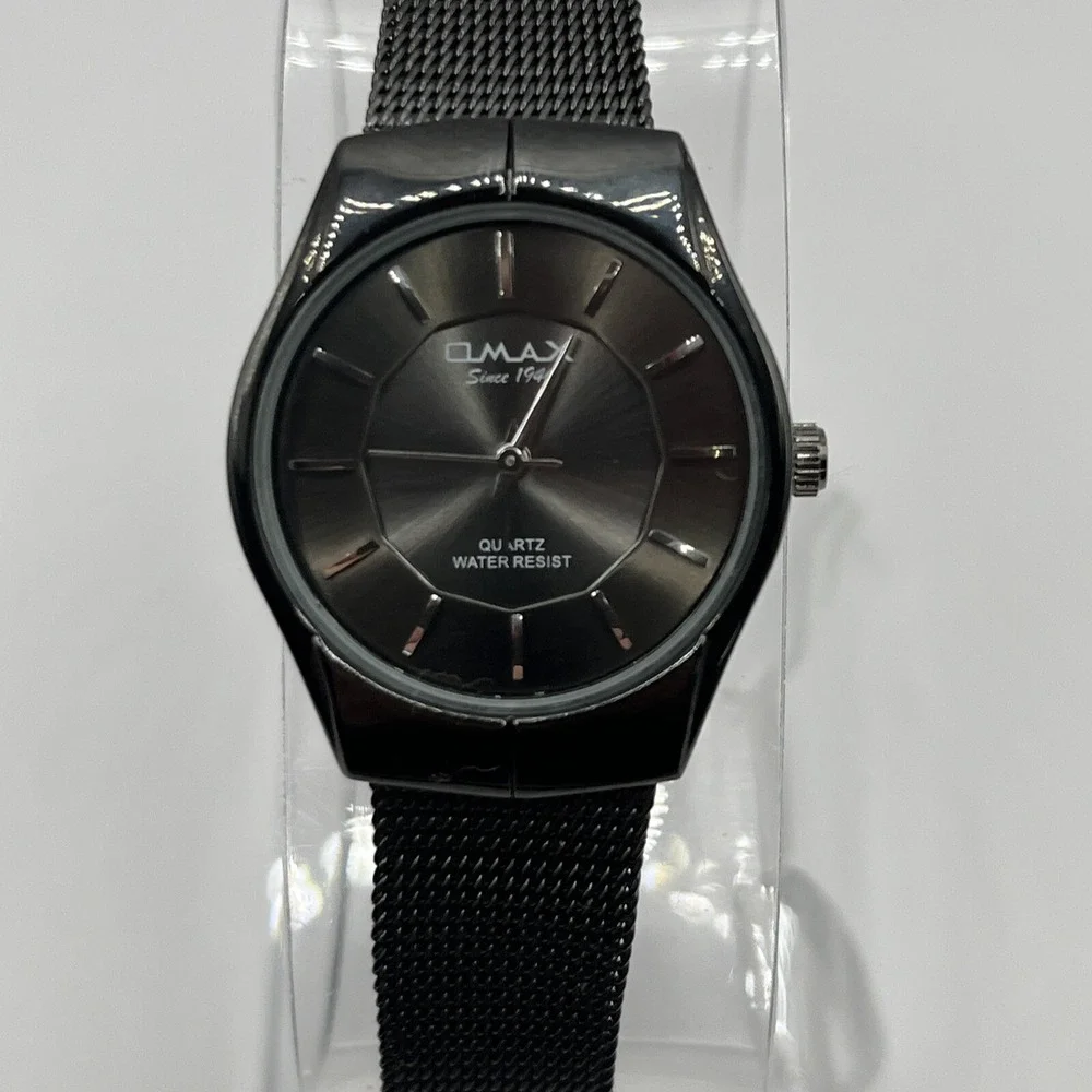 Omax Men's Watch Slim Case Round Black Dial Black Mesh Style Band- New Battery!‎